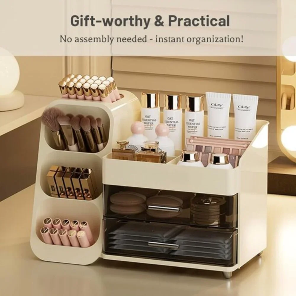 New Cream White Makeup Organizer, Large Drawer Vanity Storage for Cosmetics